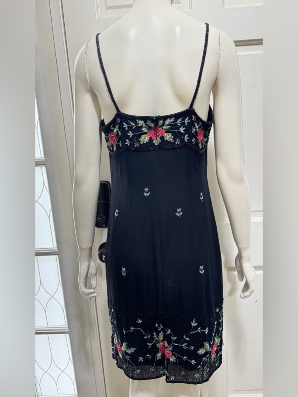 Vintage CACHE Black Midi Slip FORMAL Pink Floral Embroidery dress Sz 8 A - Picture 3 of 11